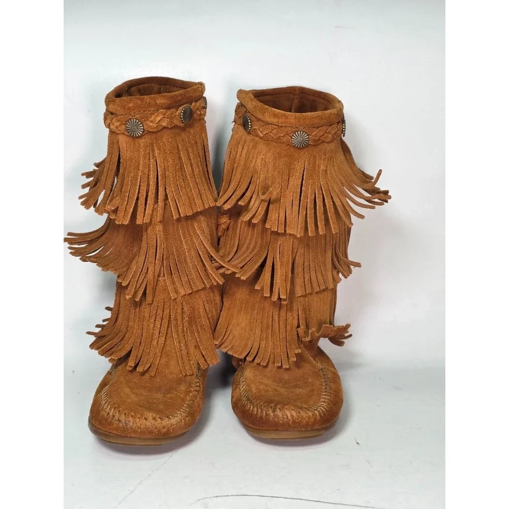 Minnetonka Three Layer Fringe Boots Girls Size 1 Brown Suede Mid Calf Western